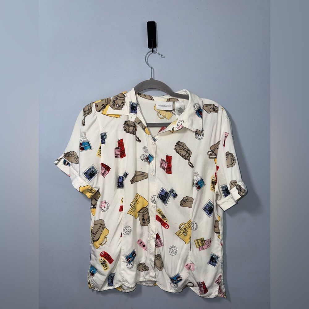 Liz Claiborne VTG Travel Theme Buttoned Down Short Sleeve Top Size XL fair